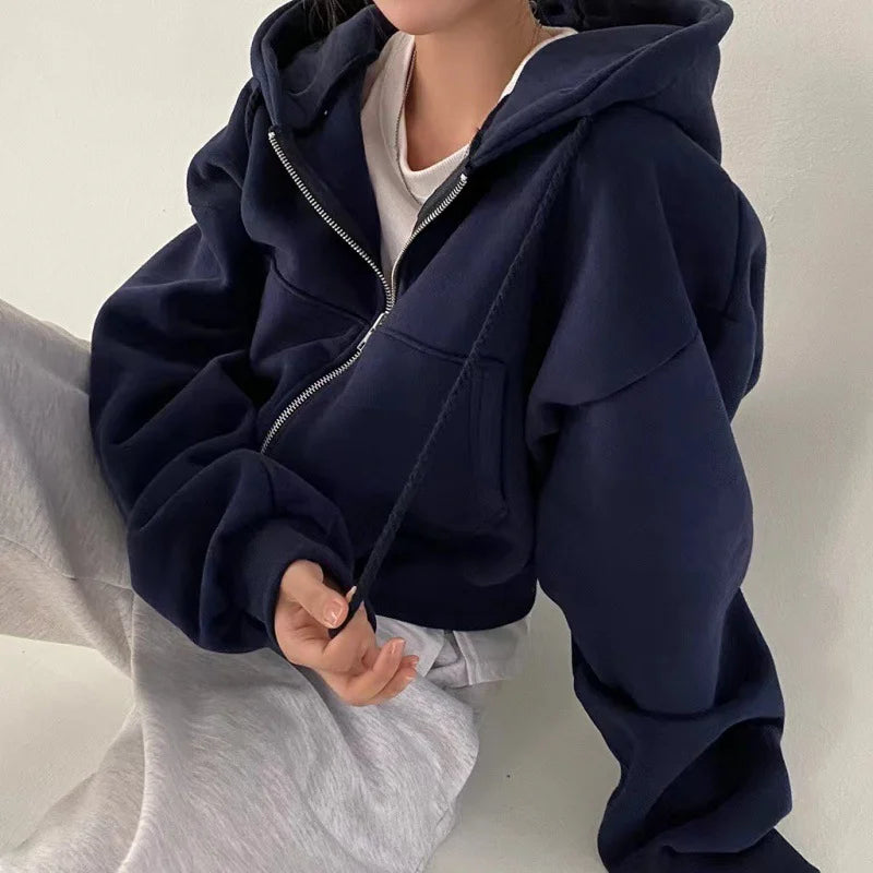 Navy Fleece Cropped Zip Hoodie