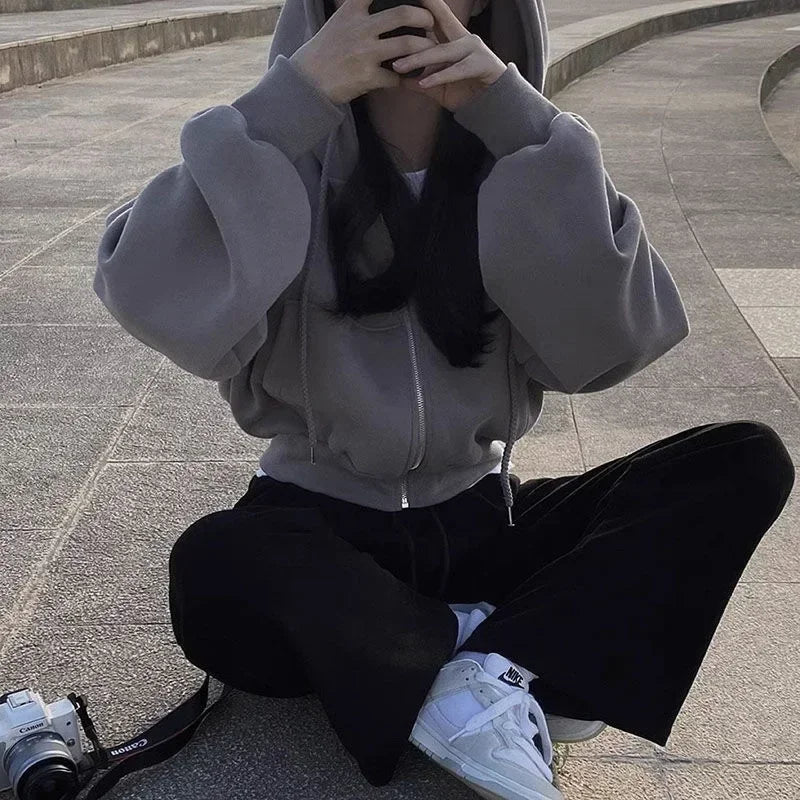 Navy Fleece Cropped Zip Hoodie